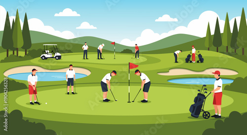 Golf Course Scene Vector Illustration with Golfers Playing and Golf Carts on a Sunny Day