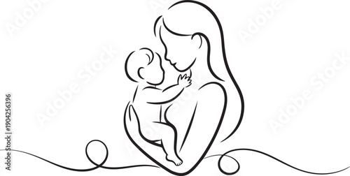 Mother and baby line art. Mom hugs child. Motherhood and newborn concept. Happy mother line vector illustration. Parent loving kid, happy mother day design for card