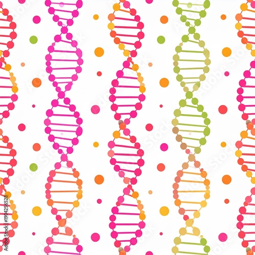 Colorful DNA strands repeat on a white background, decorated with scattered vibrant polka dots