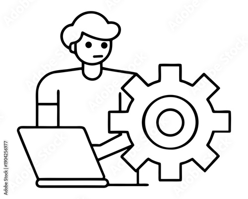 Person working on laptop with gear icon representing workflow management and technical support