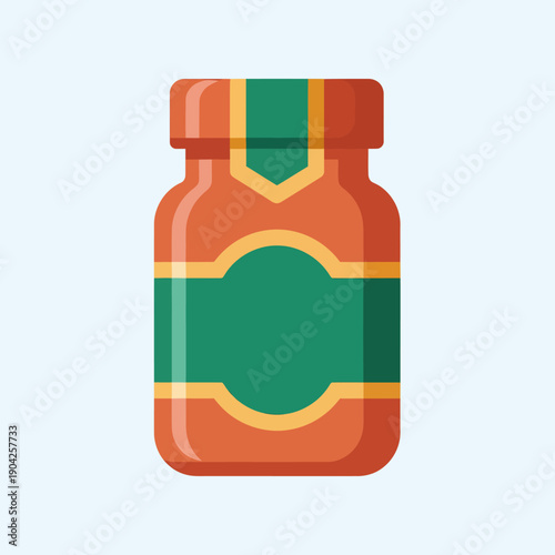 Simple illustration of a jar with an orange lid and a green label, perfect for food or condiment packaging design