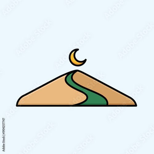 Islamic crescent moon over desert landscape with winding path and green oasis
