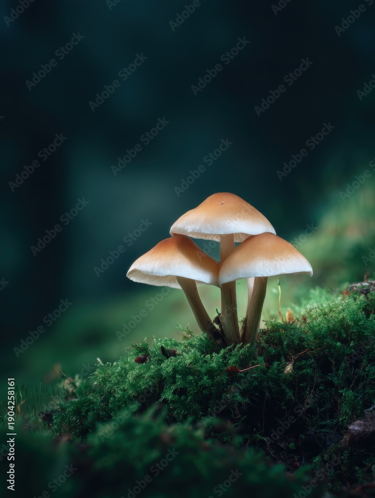 Fototapeta premium Close-up of a group of mushrooms growing on a bed of green moss. the mushrooms are light brown in color and have a round cap with a slightly curved stem.