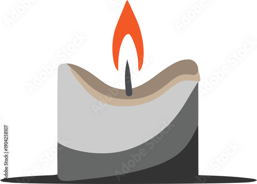 Gray candle with melting wax and orange flame black wick