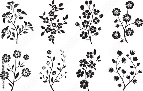 Sakura flowers on branches with leaves, Asian ornament for stencil. Black outline on a transparent background with isolated elements. Vector set