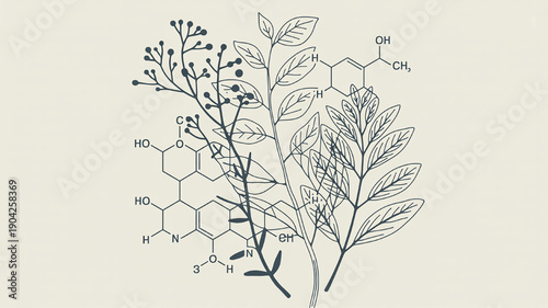 Botanical scientific illustration with organic molecules and chemical formulas natural science concept for healthcare and research hand-drawn style on beige background