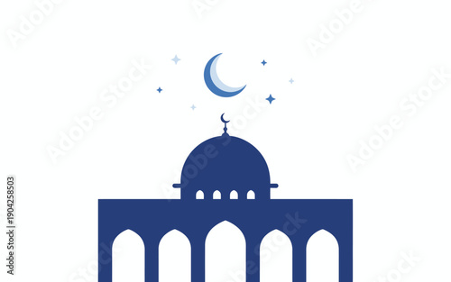 A blue mosque with a crescent moon and stars