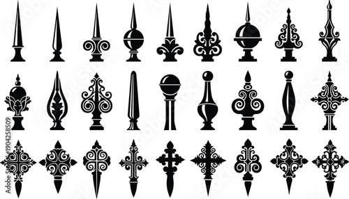 Collection Of Decorative Iron Fence Finials Spearheads And Ornamental Gate Post Tops Set Isolated On White For Architectural Design Projects