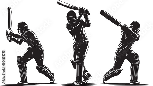 Set of batsman silhouette playing cricket on the field