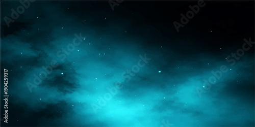 Glowing blue nebula clouds swirl across a dark abstract space background filled with bright stars and shimmering light throughout the cosmic galaxy universe