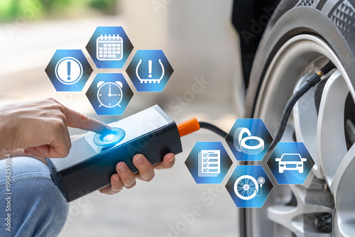Tire inspection, Pressure check before travel concept, Asian woman using portable air compressor inflate car tire, Abnormal tire pressure alert, Emergency roadside assistance, Safe driving preparation