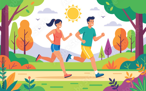 A man and woman jogging on a path in a park