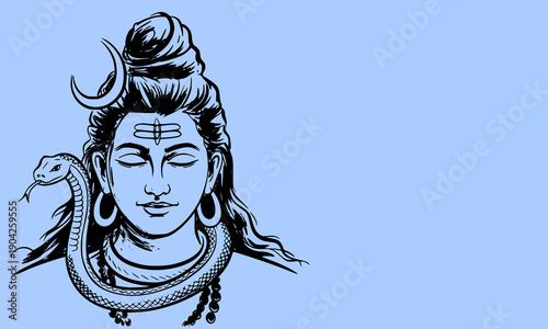 Lord Shiva portrait vector illustration with sacred cobra snake and Trishul trident on blue background ideal for Maha Shivaratri celebration and Hindu spiritual home decor graphic art
