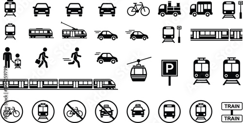 Comprehensive Set of Public Transportation and Urban Travel Silhouette Icons, Featuring Trains, Cars, Bicycles, Pedestrians, Taxis, and City Transit Symbols