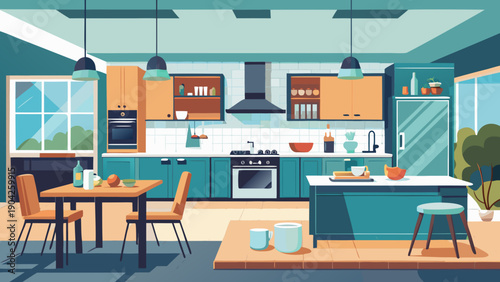 Modern kitchen and living area with a focus on workspace and socializing Vector, illustration