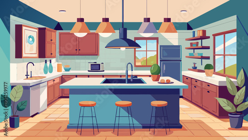 Cozy modern kitchen and living room with a warm, inviting atmosphere isolated on white background, Vector