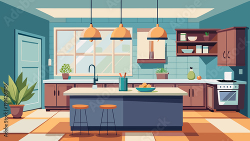 A modern kitchen scene with a woman preparing a meal at a sleek countertop. isolated on white background, Vector