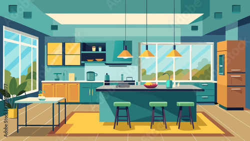 Modern kitchen and dining area with a bright and welcoming atmosphere Vector, illustration