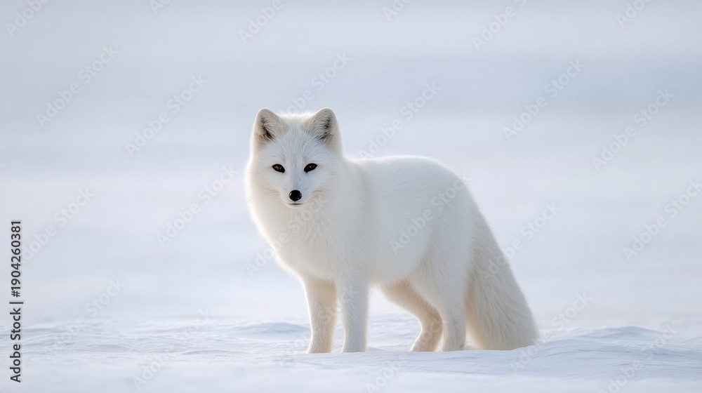 Naklejka premium Arctic Fox Standing Gracefully in Fresh Snow Against a Soft White Background