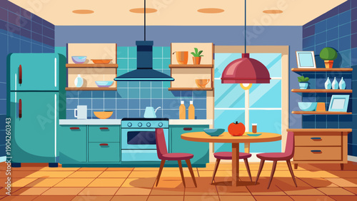 Modern kitchen with vibrant colors and family-friendly appliances Vector, illustration