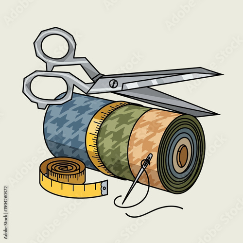 Sewing supplies: Fabric rolls, scissors, needle, and tape measure
