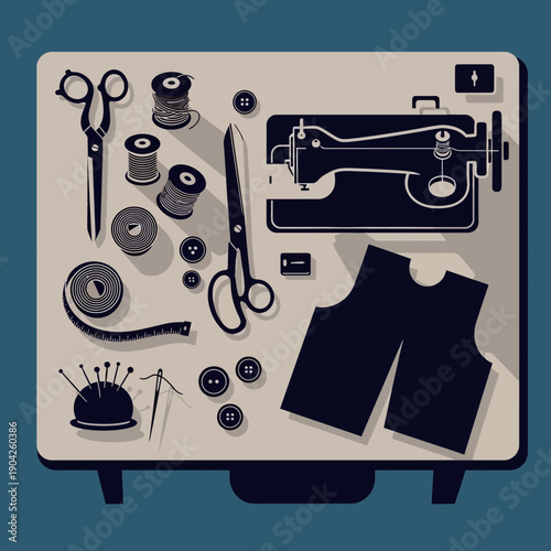 Sewing supplies flat lay with sewing machine, scissors, thread, buttons, and fabric pieces