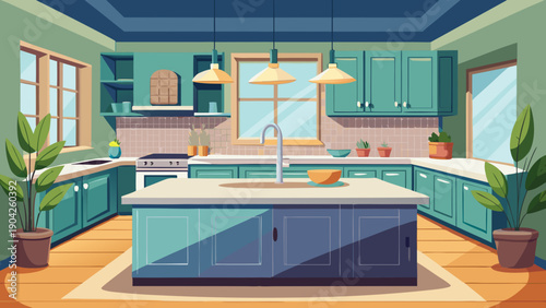 A vibrant kitchen scene showcasing modern design with a cozy and inviting atmosphere. isolated on white background, Vector