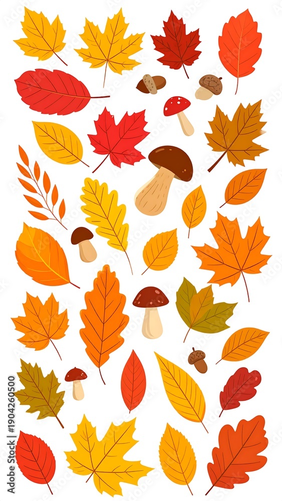 Obraz premium Colorful autumn leaves, mushrooms and acorns arranged on a white background, flat vector style