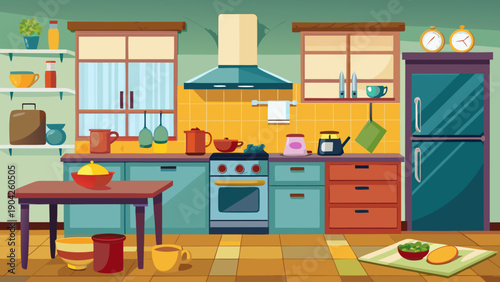 A vibrant and well-organized kitchen with modern appliances and colorful decor isolated on white background, Vector