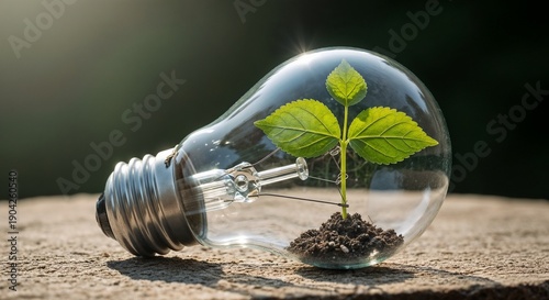 A powerful environmental concept image of a young, green seedling growing healthily inside the glass envelope of a clear, vintage-style light bulb, symbolizing bright ideas and sustainable growth.