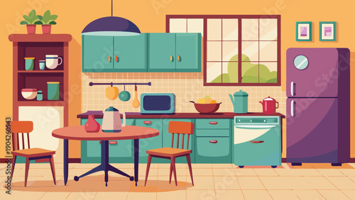 Cozy modern kitchen and dining area with vibrant decor and warm lighting isolated on white background, Vector