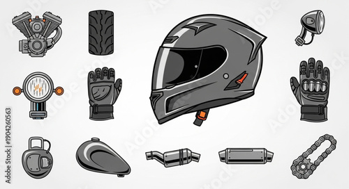 Motorcycle Gear and Parts Collection Illustration.