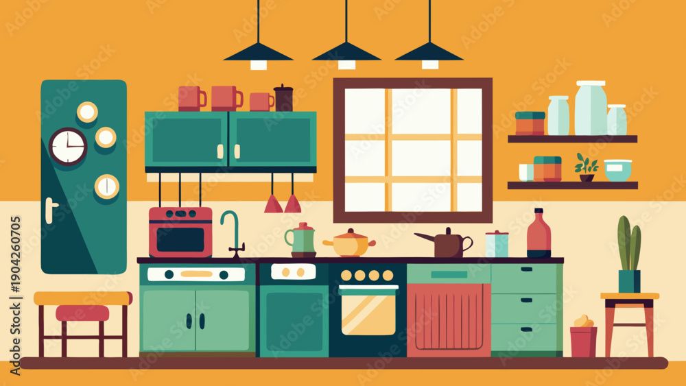 Fototapeta premium Colorful and organized modern kitchen with appliances and utensils on display isolated on white background, Vector