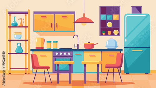 A vibrant kitchen scene featuring modern appliances and a cozy dining setup. isolated on white background, Vector