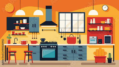 A colorful and modern kitchen with various appliances and decor items. isolated on white background, Vector