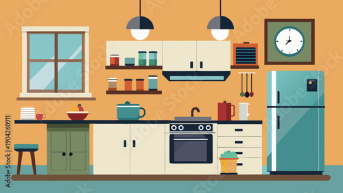 Modern kitchen interior with stainless steel appliances and wooden cabinets isolated on white background, Vector