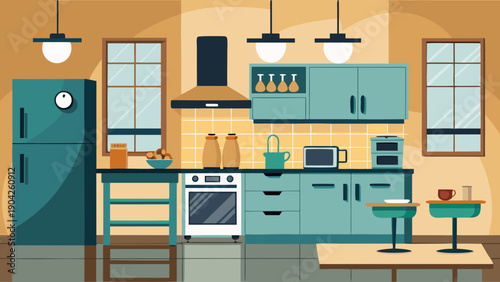 Modern kitchen with open shelving and vibrant green accents isolated on white background, Vector