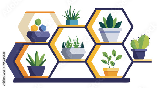 Modern modular hexagonal planters with lush green indoor plants arranged neatly. Vector, illustration