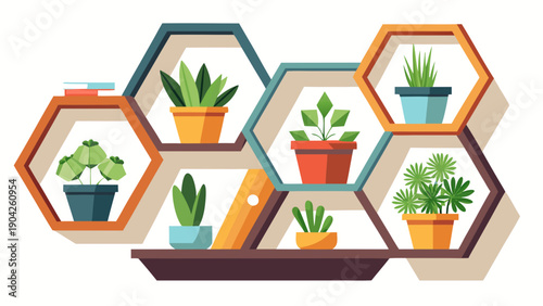 Honeycomb-inspired modular planters with green succulents and plants Vector, illustration