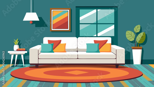 Cozy living room with modern furniture and vibrant decor isolated on white background, Vector