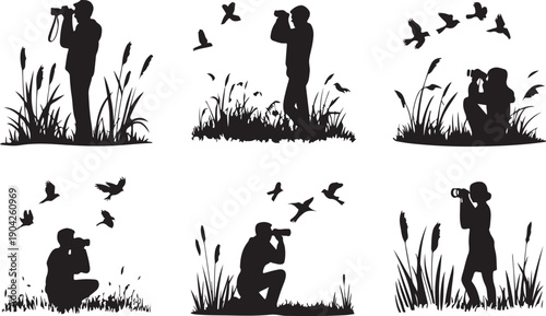 Silhouette of a person photographing wildlife , person holding binoculars while observing wetland birds vector silhouette 