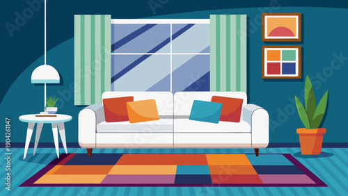 Cozy living room with modern furniture and vibrant artwork on the walls isolated on white background, Vector