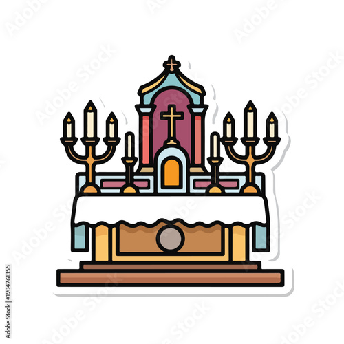 A cartoon-style illustration of a church altar