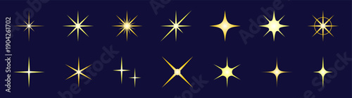 夜空に輝く黄色のキラキラアイコン14点セット (ベクター)