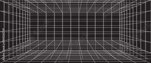 3D digital white grid of black room space with one point perspective. Empty geometric cyberspace studio background. Virtual three dimension scene. Easy guide architecture template