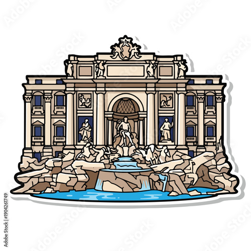 A cartoon-style illustration of a grand building with a fountain