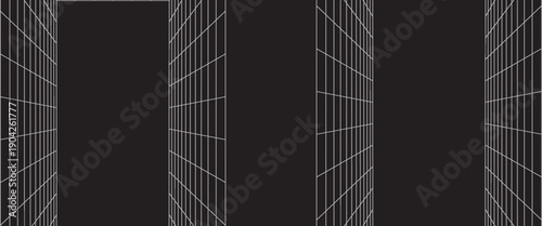 3D digital white grid of black room space with one point perspective. Empty geometric cyberspace studio background. Virtual three dimension scene. Easy guide architecture template