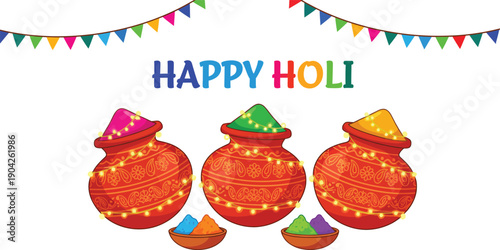Vibrant illustration of Happy Holi festival with colorful powders in traditional pots and festive decorations.