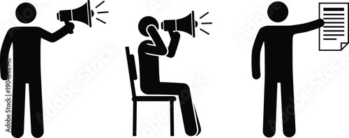 Stick figure icons set featuring men using megaphones to make announcements, shouting through bullhorn, and holding a paper document report