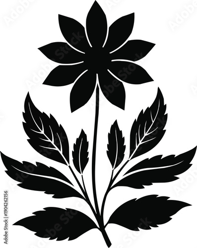 Black floral plant silhouette vector with single flower stem and leaves botanical decorative element isolated for elegant design use